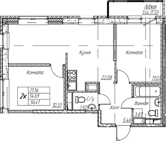 2-комнатная квартира 56.41 м², 6/22 эт., ЖК «Парк-квартал Юнтолово»